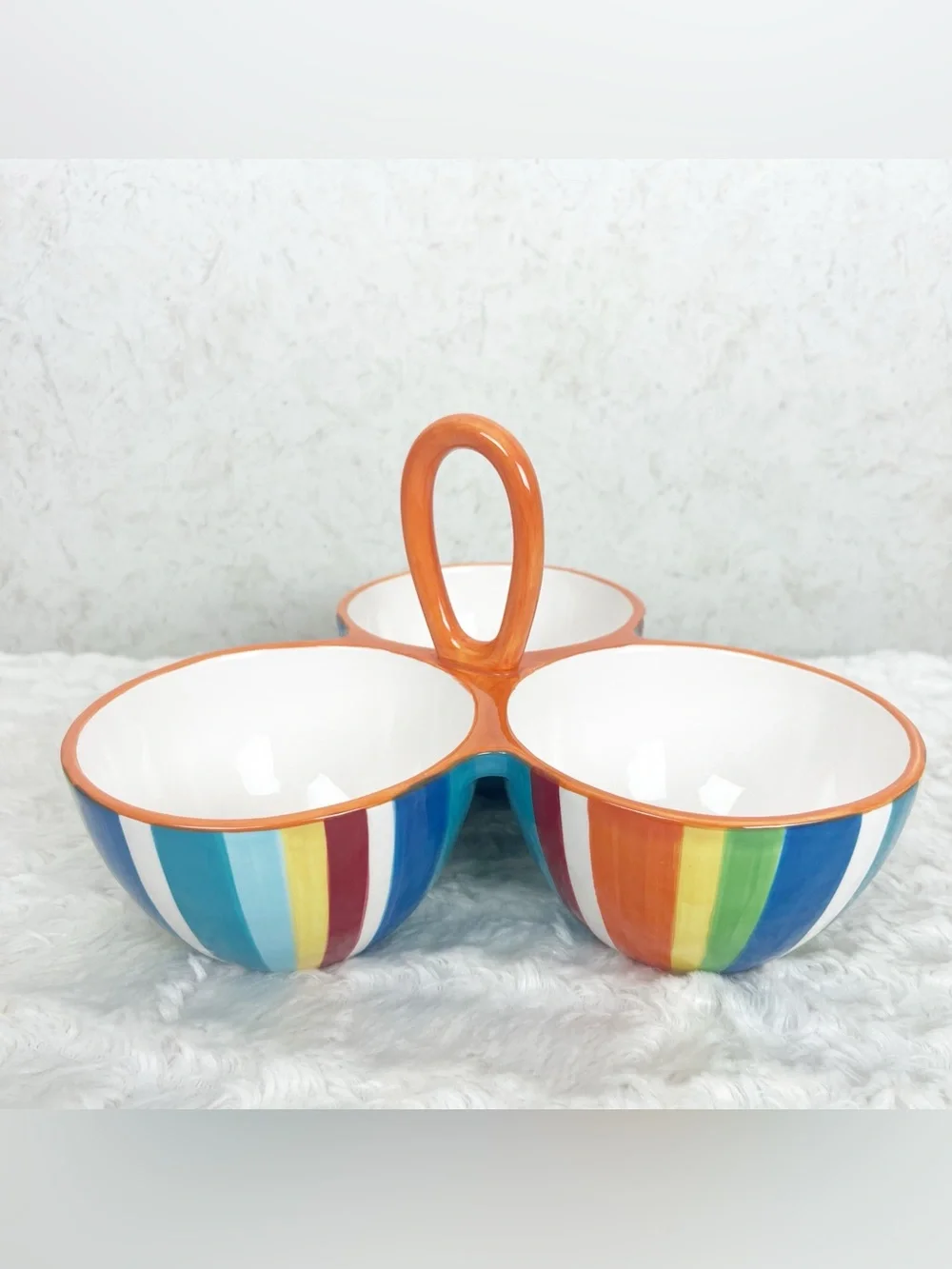 Crate & Barrel Carnivale Stripe 3 Section Condiment Serving Dish Snack Bowls
